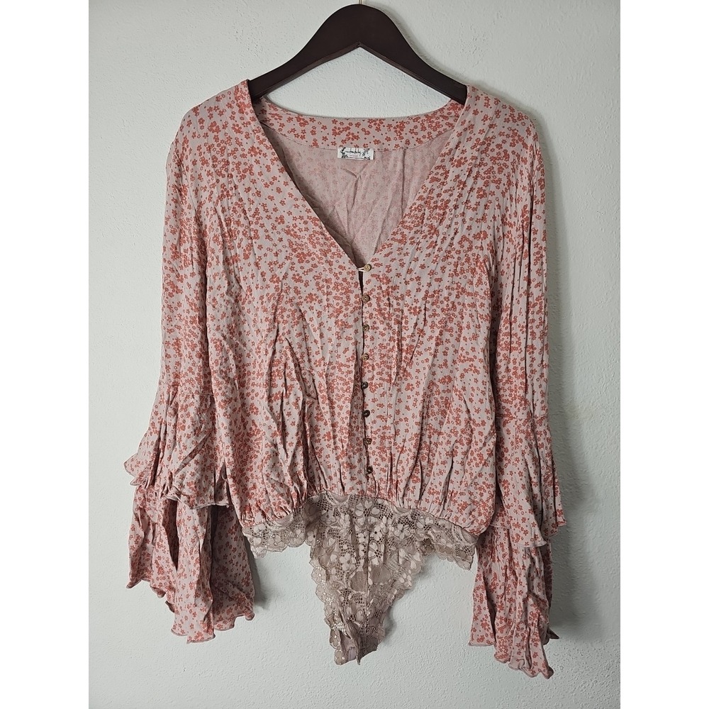 Intimately Free People Ditsy Floral Bodysuit Bell‎ Sleeves Size S Small